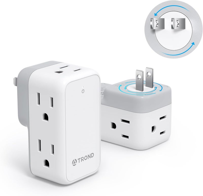 TROND 2 Prong Outlet Extender 2 Pack, 3 Prong Adapter with 360 Rotating Plug, Wall Outlet Splitter with 6 AC Charger, Travel Power Adapter for US to Japan, Non-Grounded Plug Extender for Old House - Image 1